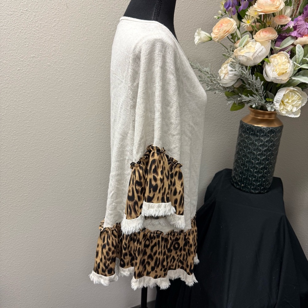 Umgee USA Leopard Print Ruffle Hem Tunic Top Large | Boho Fall Winter Blouse - Picture 5 of 9